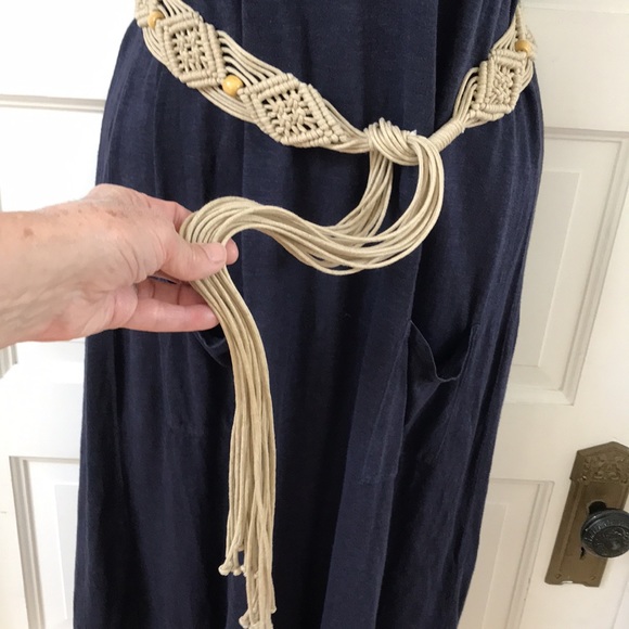 Boho Macrame belt. Natural string yellow wooden beads Long tassel at each end - Picture 4 of 7